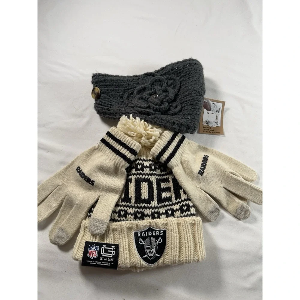 NFL Las Vegas Raiders Hat Gloves Set NWT Plus Knit Headband Neck Warmer
